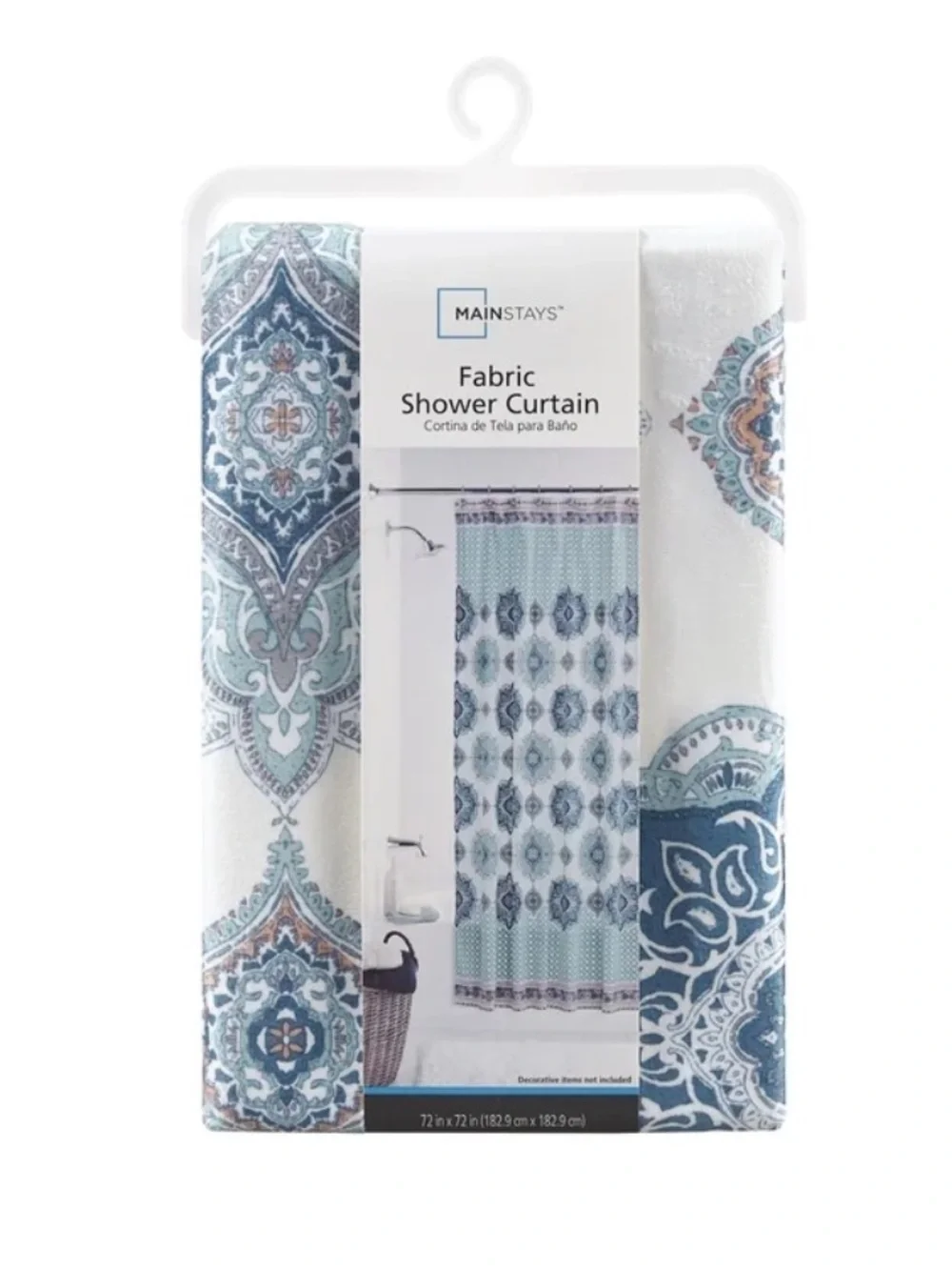 Mainstays Blue and White Medallion Shower Curtain with Coral Trim
